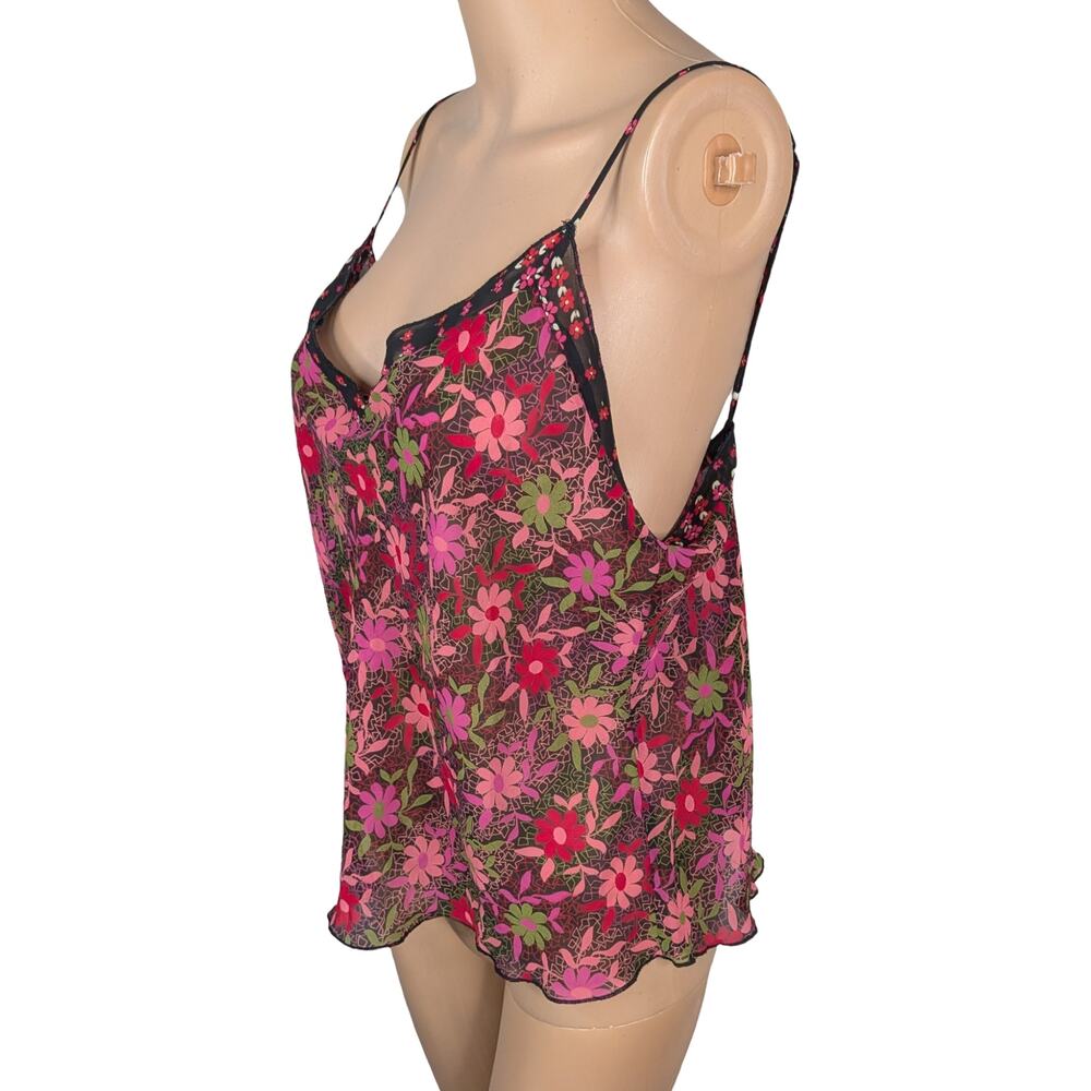 Vintage Y2K Josie Natori Sheer Chiffon Cami L Black Pink Floral Whimsigoth Top - Picture 5 of 8